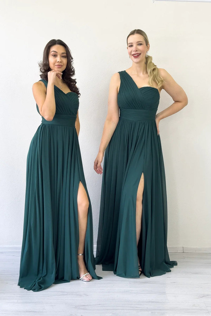 Women's Emerald Green Tek Omuz Piliseli Flared Evening Gown