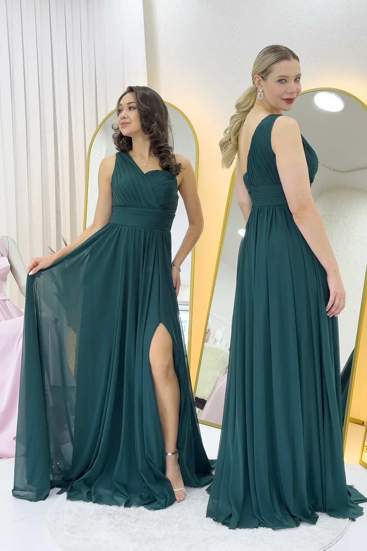 Women's Emerald Green Tek Omuz Piliseli Flared Evening Gown