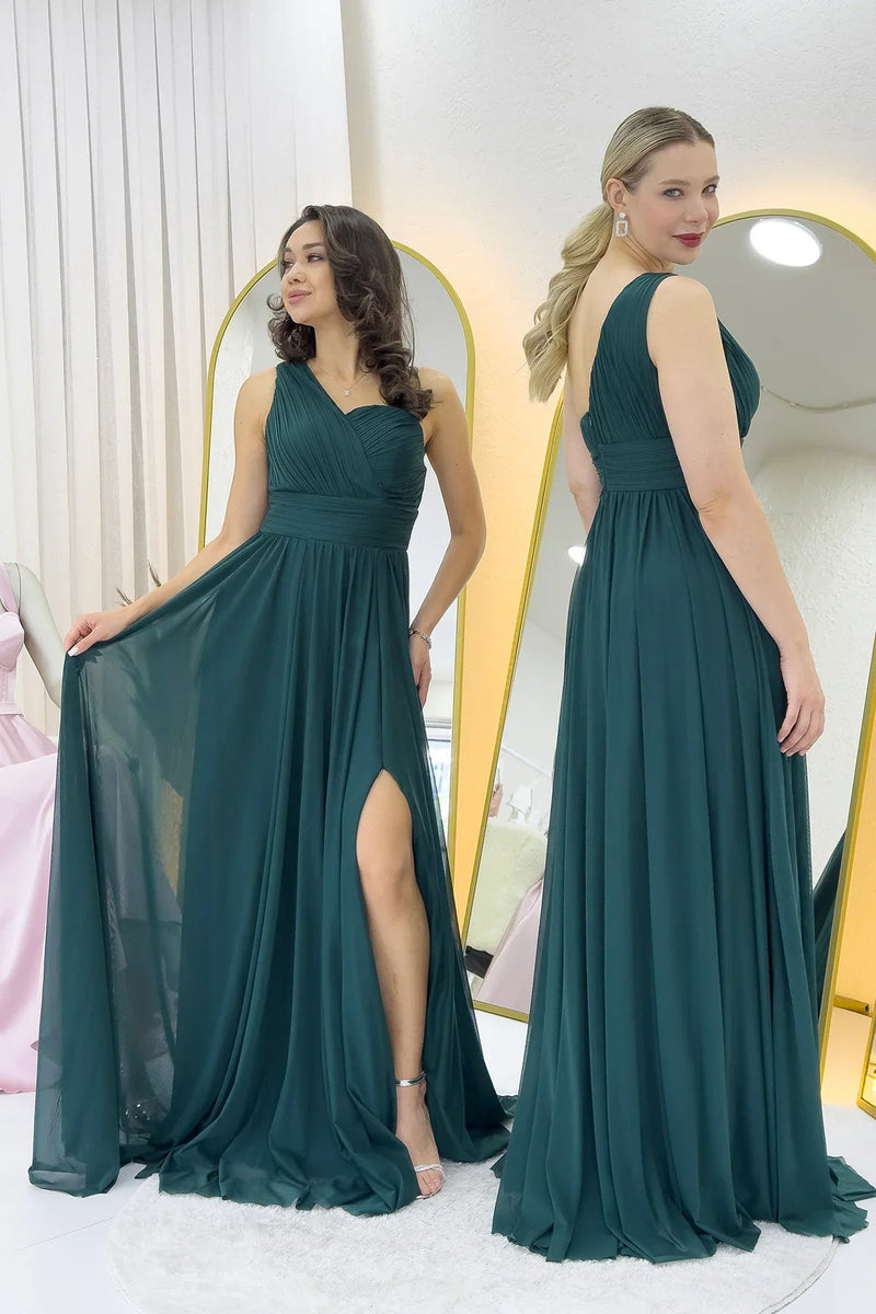 Women's Emerald Green Tek Omuz Piliseli Flared Evening Gown