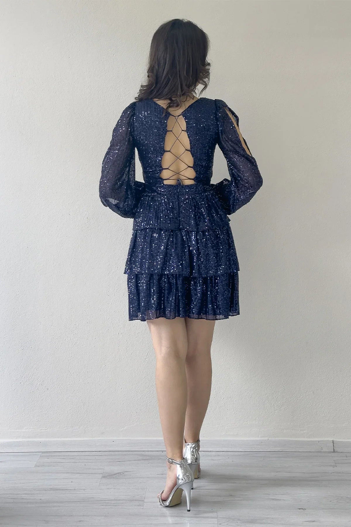 Women's Navy Blue Sequin Open Back Mini After Evening Gown