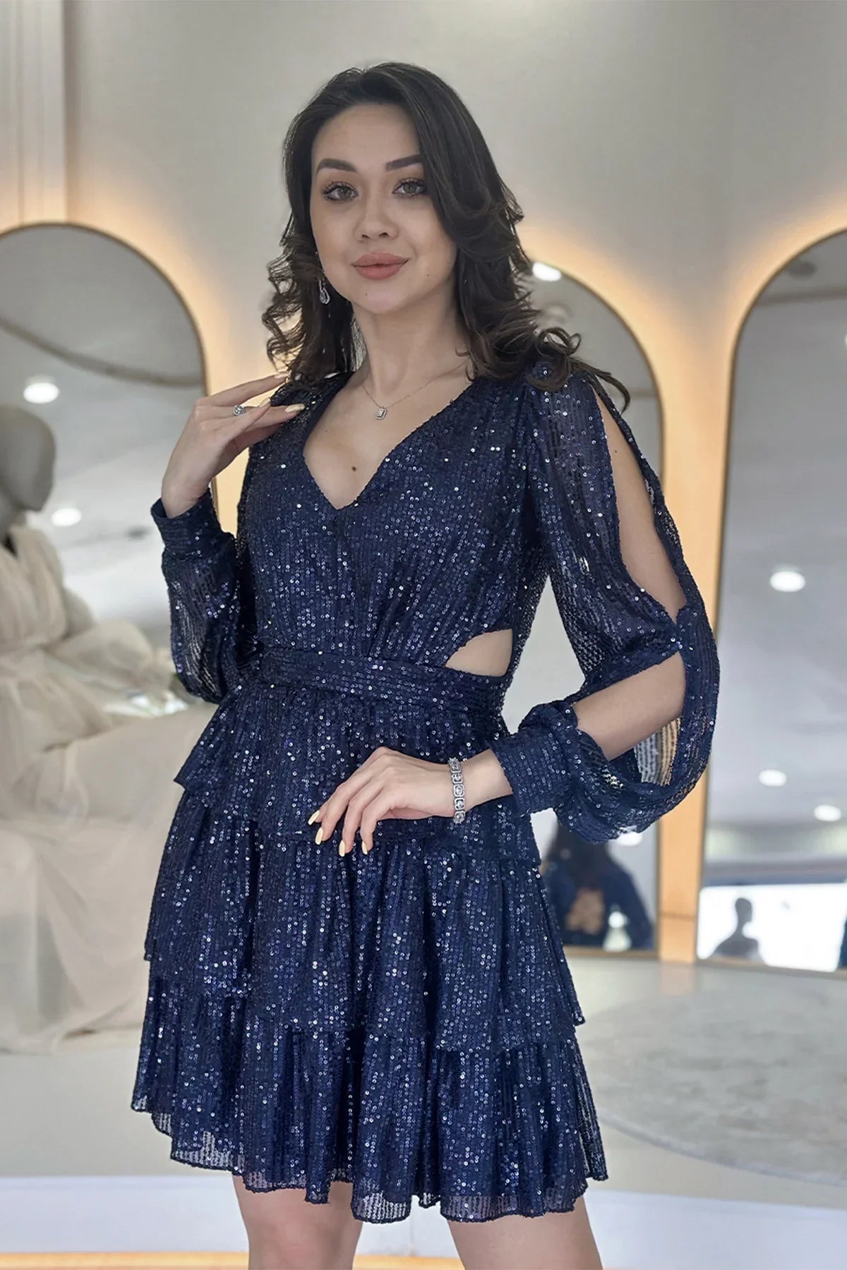 Women's Navy Blue Sequin Open Back Mini After Evening Gown