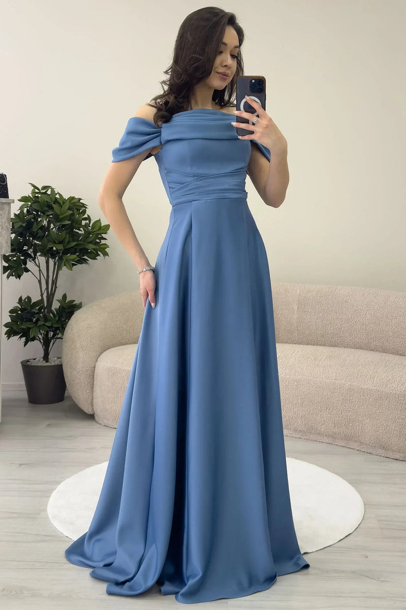 Women's Indigo Taş Strap Off-Shoulder Satin Slit Evening Gown