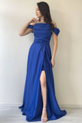 Saxe Blue Stone Strap Satin Maxi Evening Dress