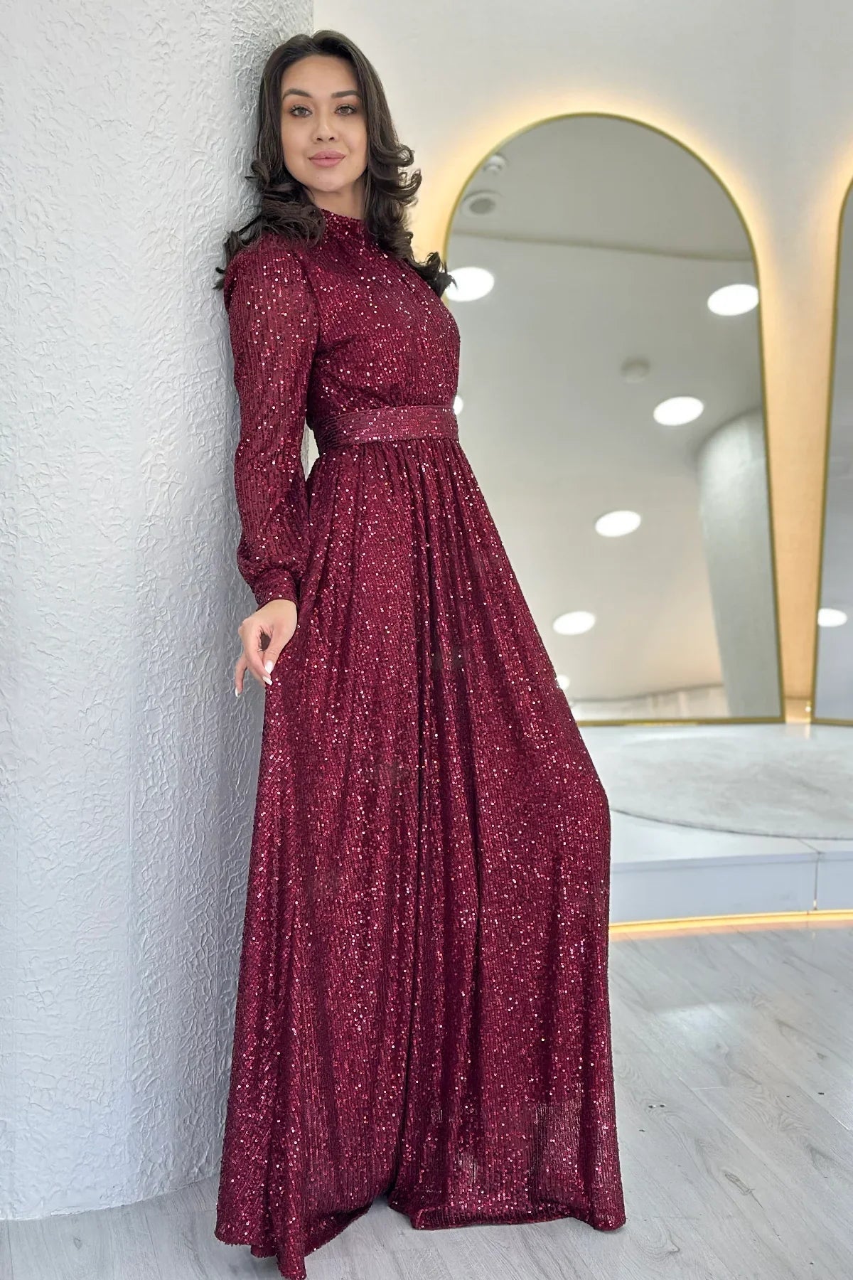 Women's Burgundy Sequin Büzgü Detail Maxi Evening Gown