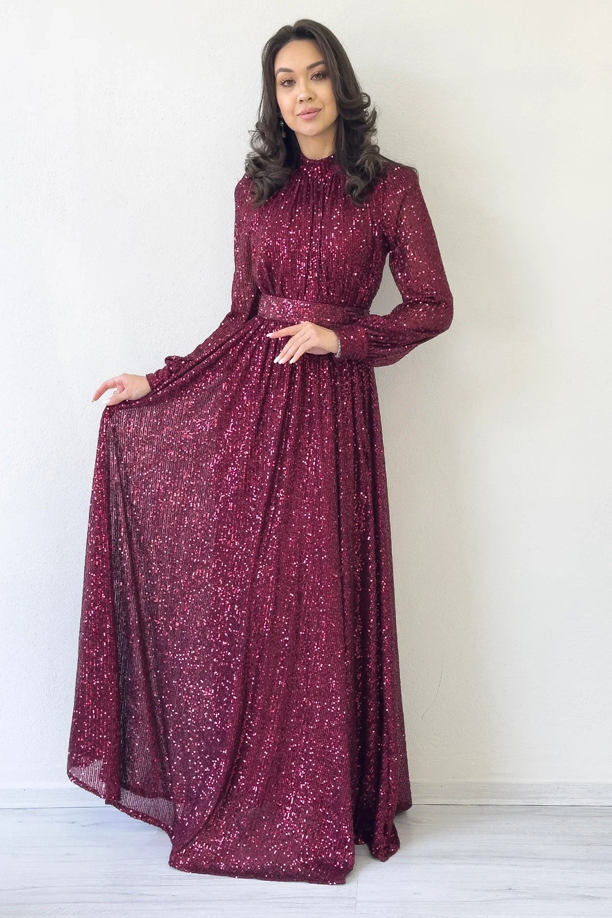 Women's Burgundy Sequin Büzgü Detail Maxi Evening Gown
