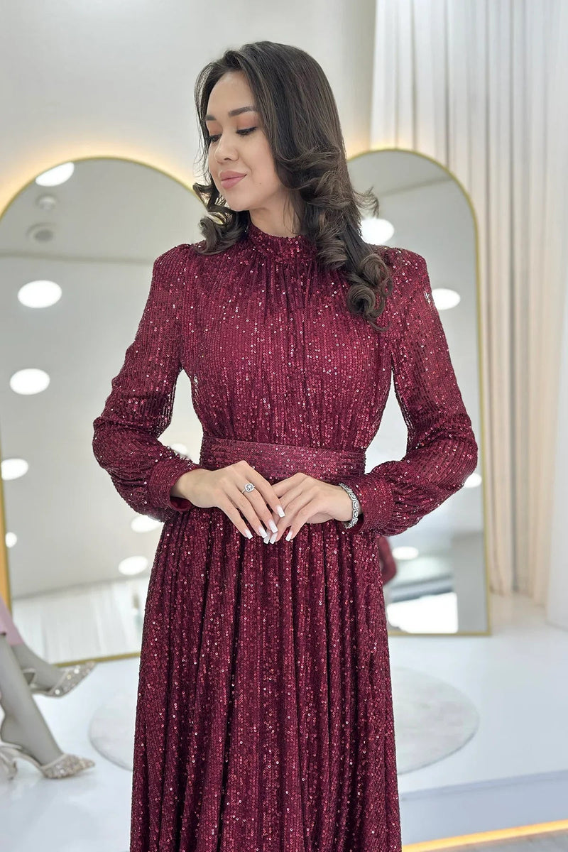 Women's Burgundy Sequin Büzgü Detail Maxi Evening Gown