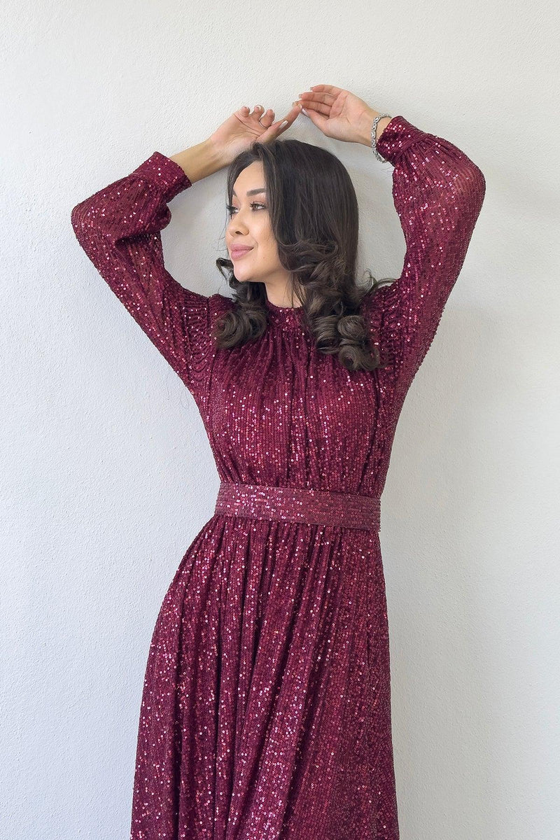 Women's Burgundy Sequin Büzgü Detail Maxi Evening Gown