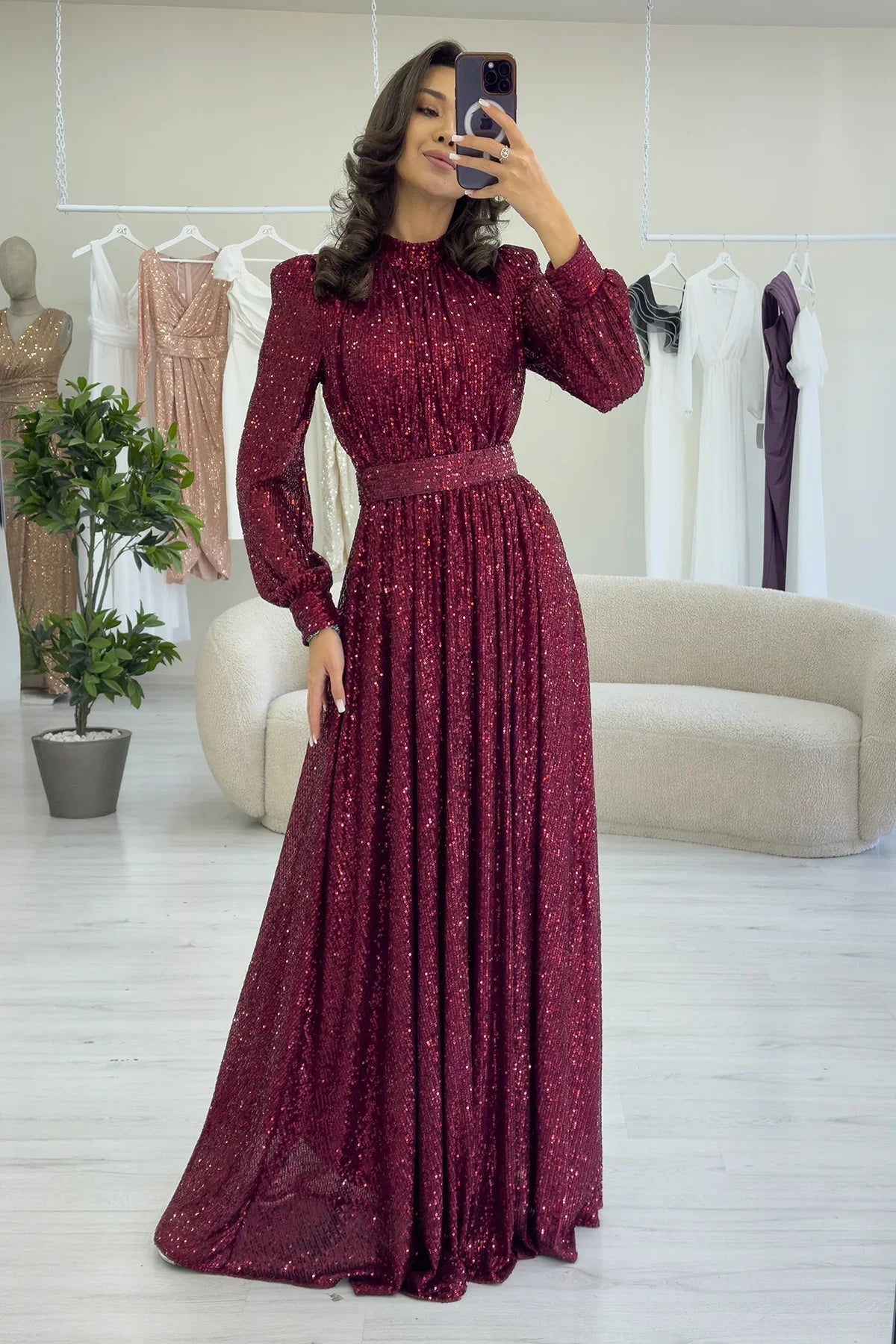 Women's Burgundy Sequin Büzgü Detail Maxi Evening Gown