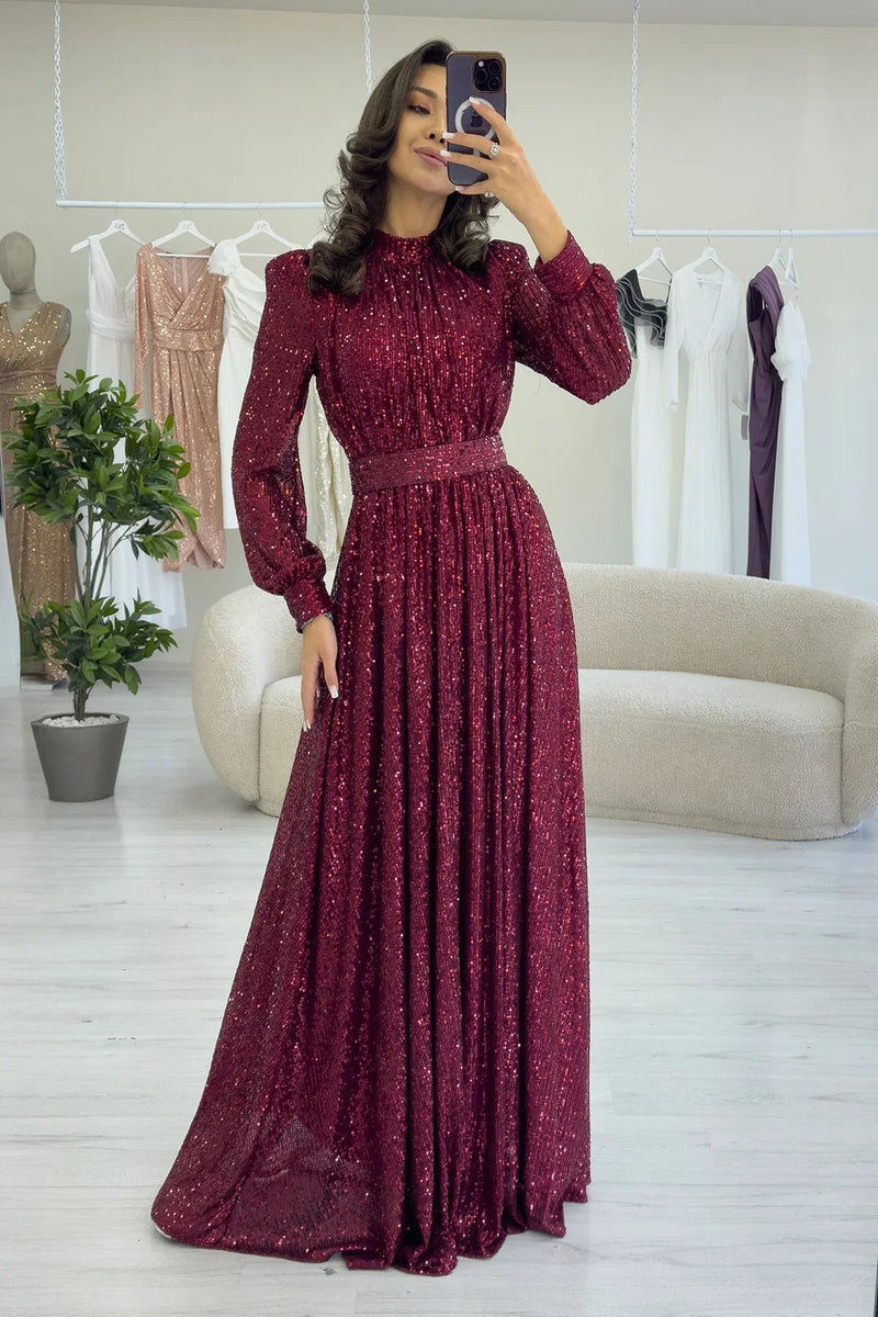 Women's Burgundy Sequin Büzgü Detail Maxi Evening Gown