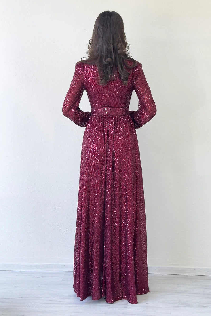 Women's Burgundy Sequin Büzgü Detail Maxi Evening Gown