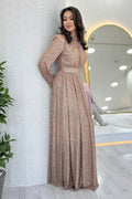 Cream Sequined Maxi Evening Dress