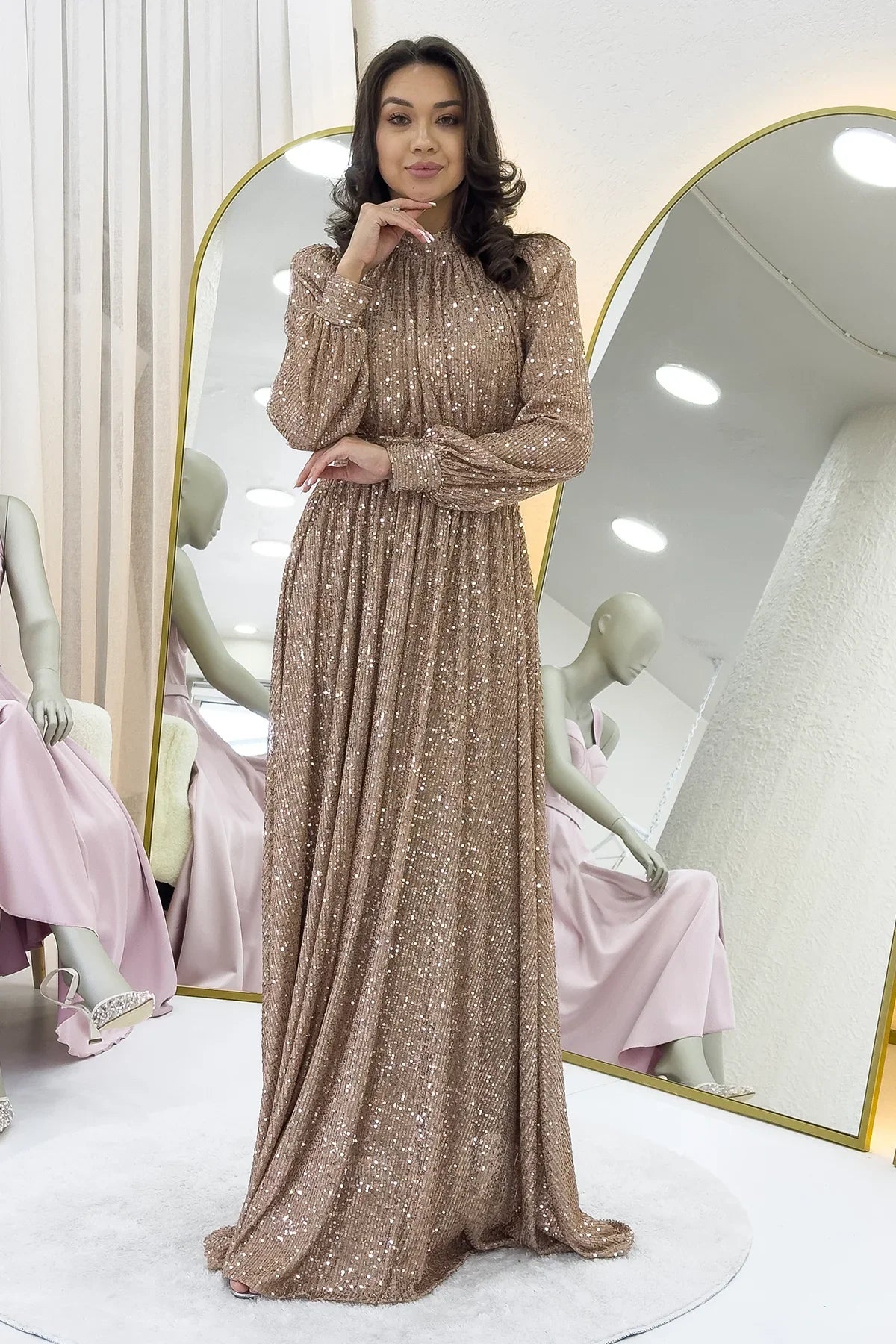 Women's Krem Sequin Büzgü Detail Maxi Evening Gown