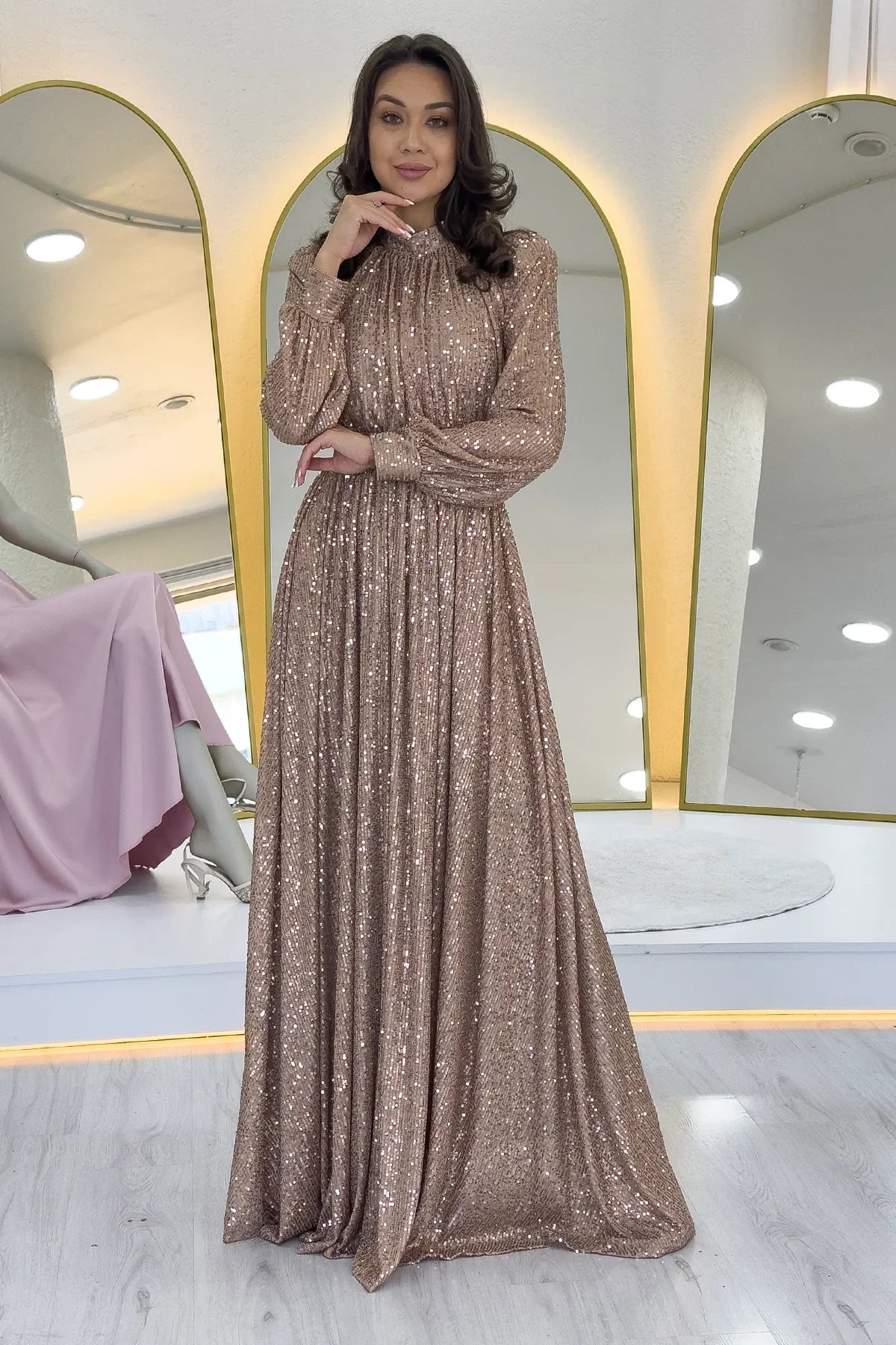 Women's Krem Sequin Büzgü Detail Maxi Evening Gown