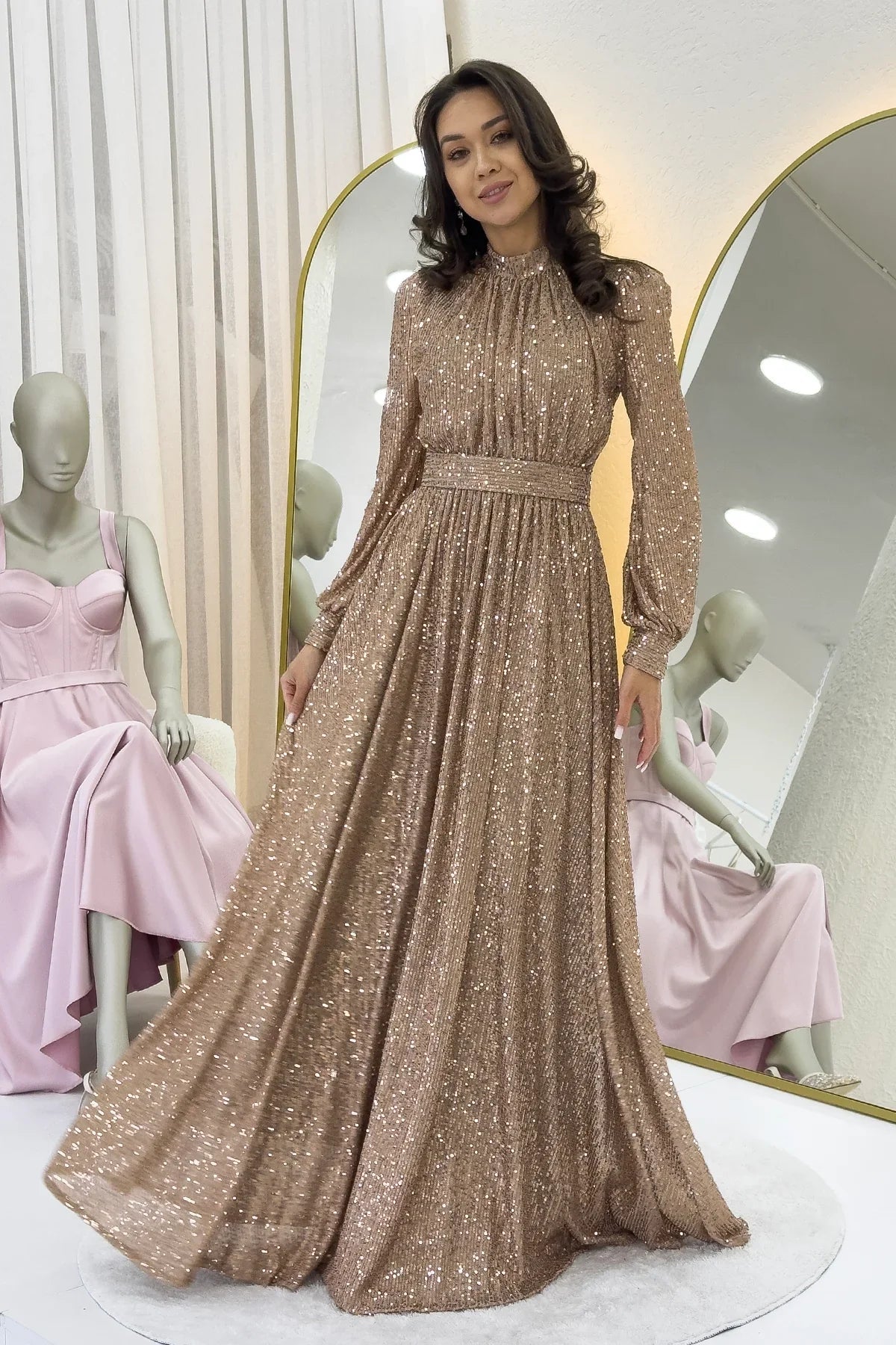 Women's Krem Sequin Büzgü Detail Maxi Evening Gown