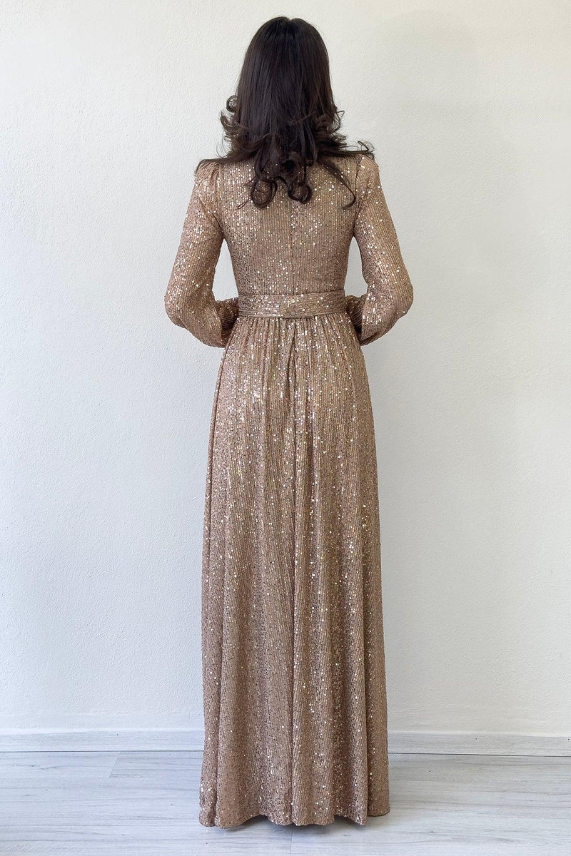 Women's Krem Sequin Büzgü Detail Maxi Evening Gown