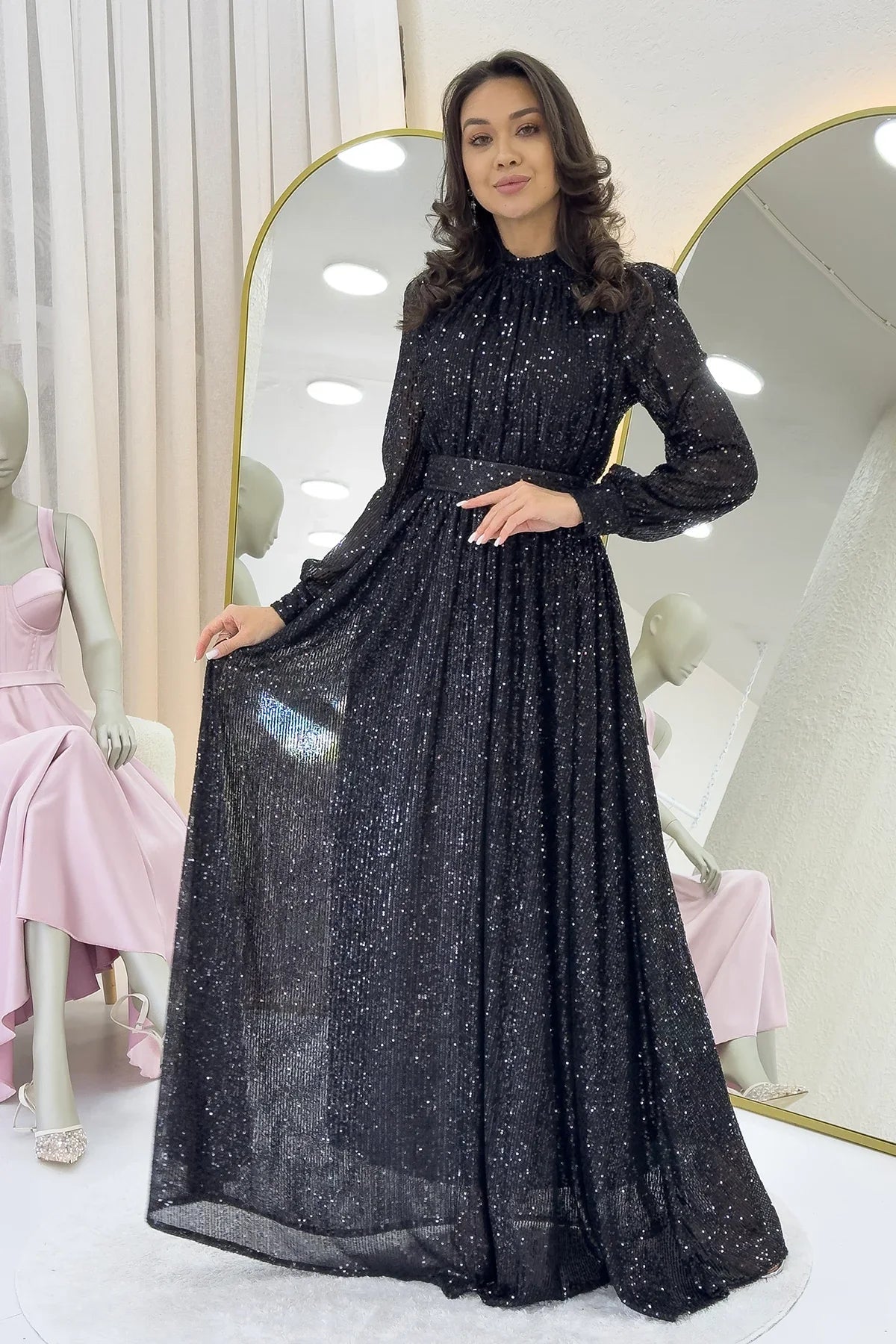 Women's Black Sequin Büzgü Detail Maxi Evening Gown