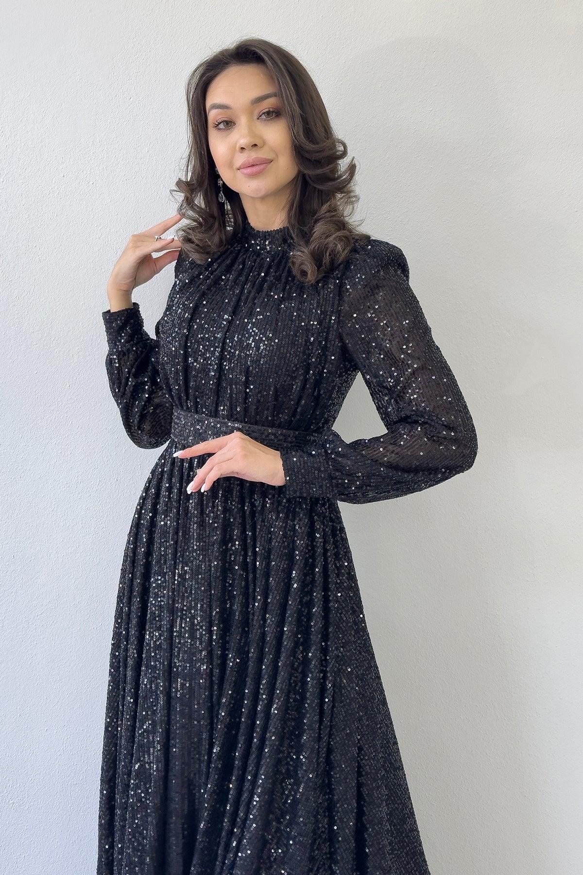 Women's Black Sequin Büzgü Detail Maxi Evening Gown