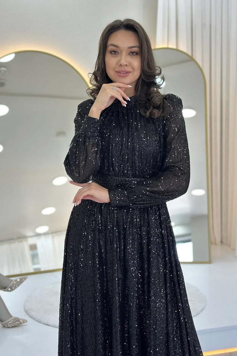 Women's Black Sequin Büzgü Detail Maxi Evening Gown
