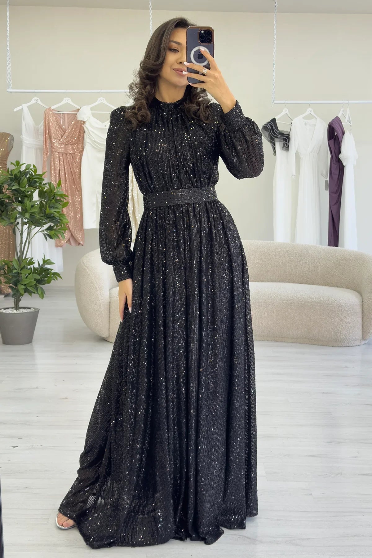 Women's Black Sequin Büzgü Detail Maxi Evening Gown