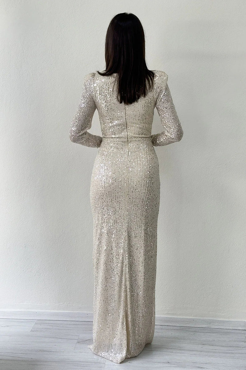 Beige Sequin Feather Design Maxi Evening Dress