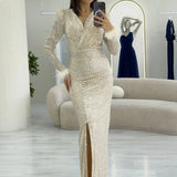 Beige Sequin Feather Design Maxi Evening Dress