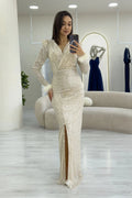 Beige Sequin Feather Design Maxi Evening Dress