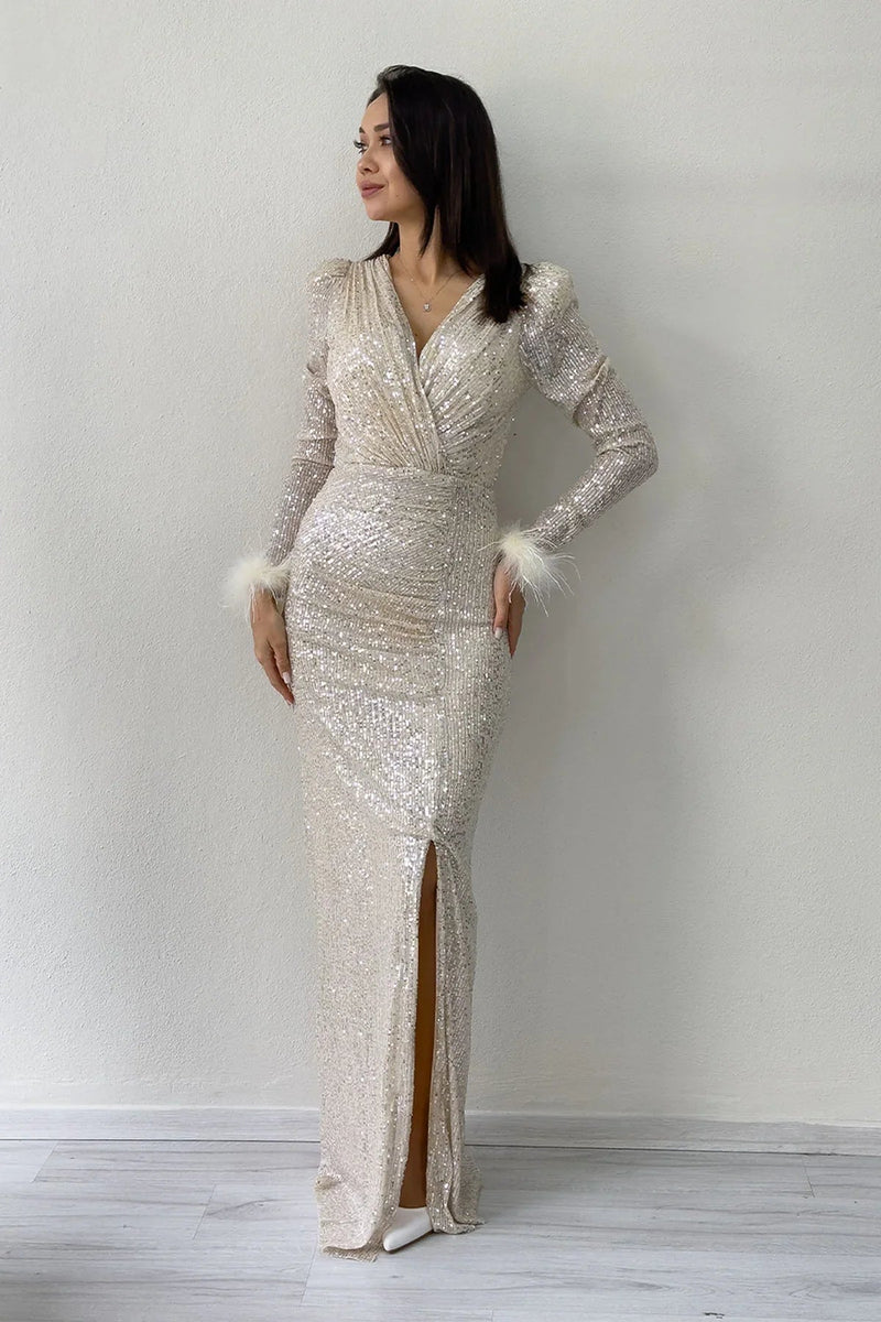 Beige Sequin Feather Design Maxi Evening Dress