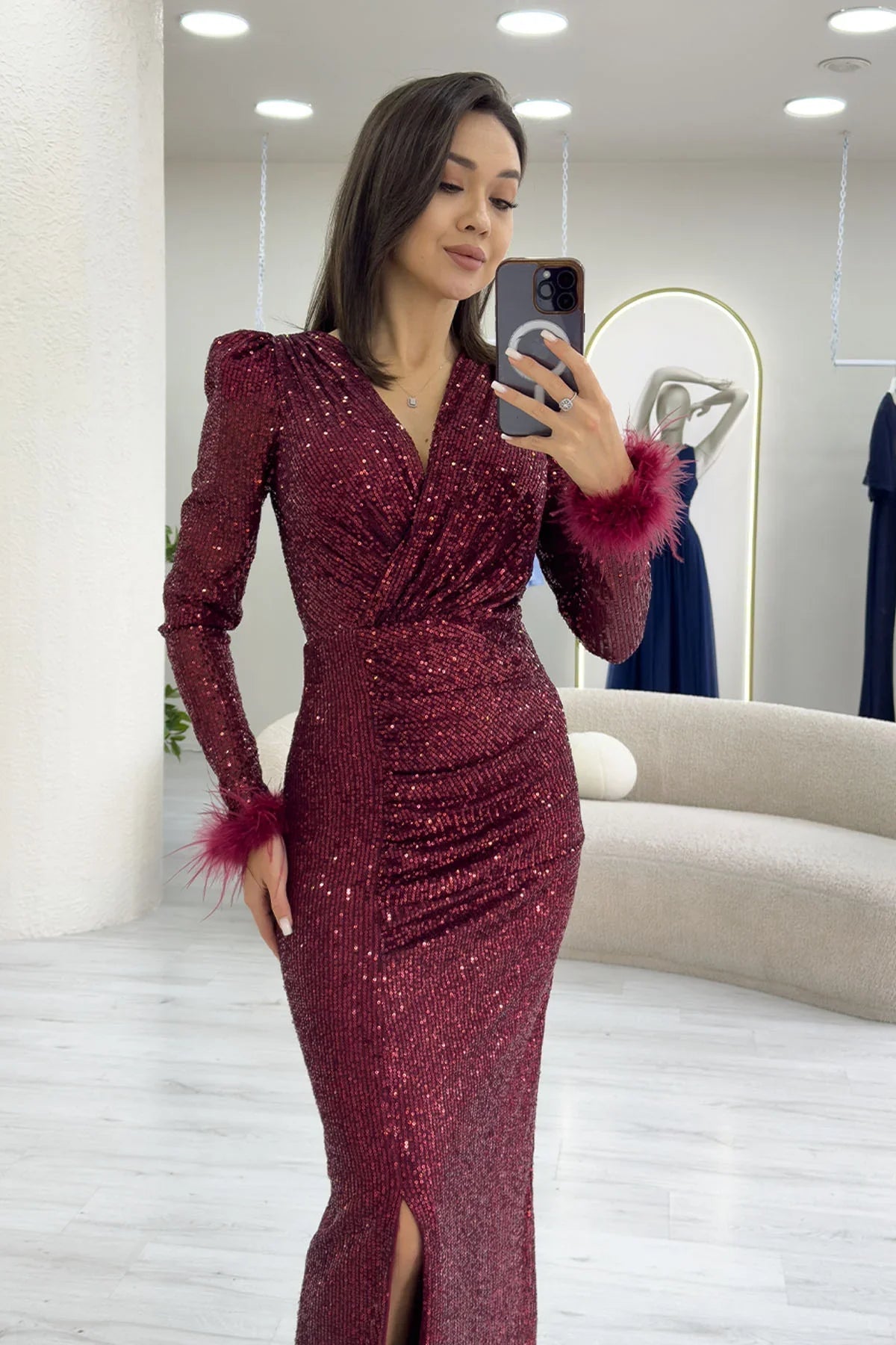 Burgundy Sequin Feather Design Maxi Evening Dress