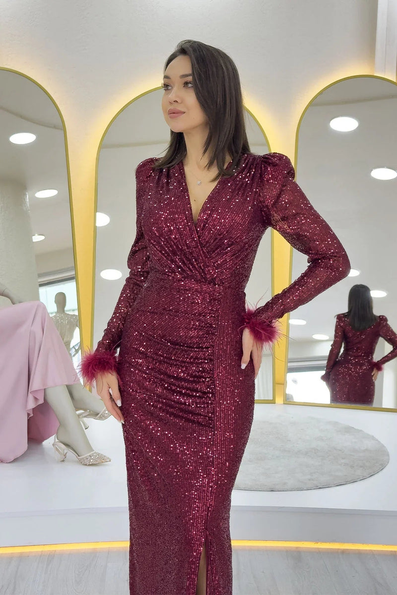 Burgundy Sequin Feather Design Maxi Evening Dress