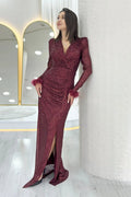 Burgundy Sequin Feather Design Maxi Evening Dress