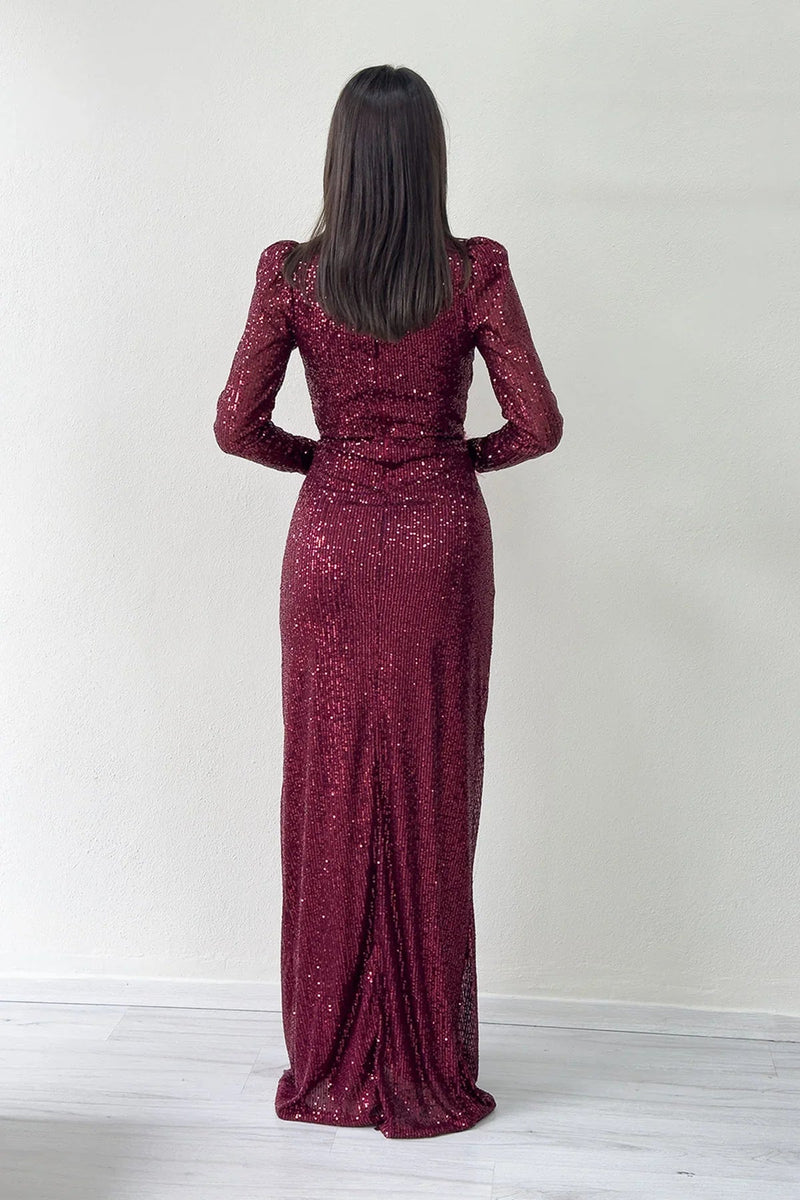 Burgundy Sequin Feather Design Maxi Evening Dress