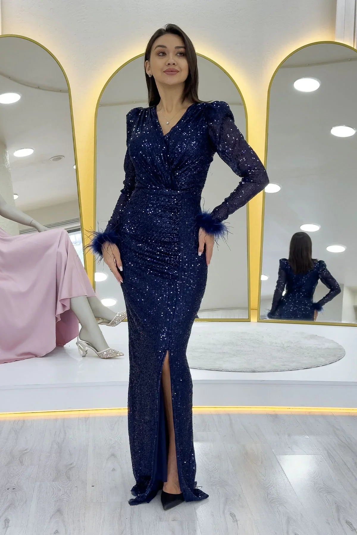 Navy Blue Sequin Feather Design Maxi Evening Dress