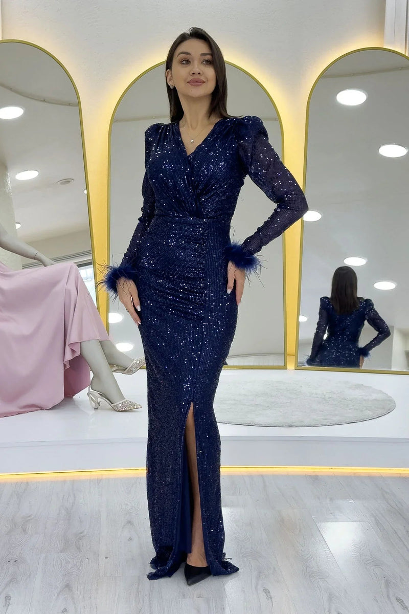 Navy Blue Sequin Feather Design Maxi Evening Dress