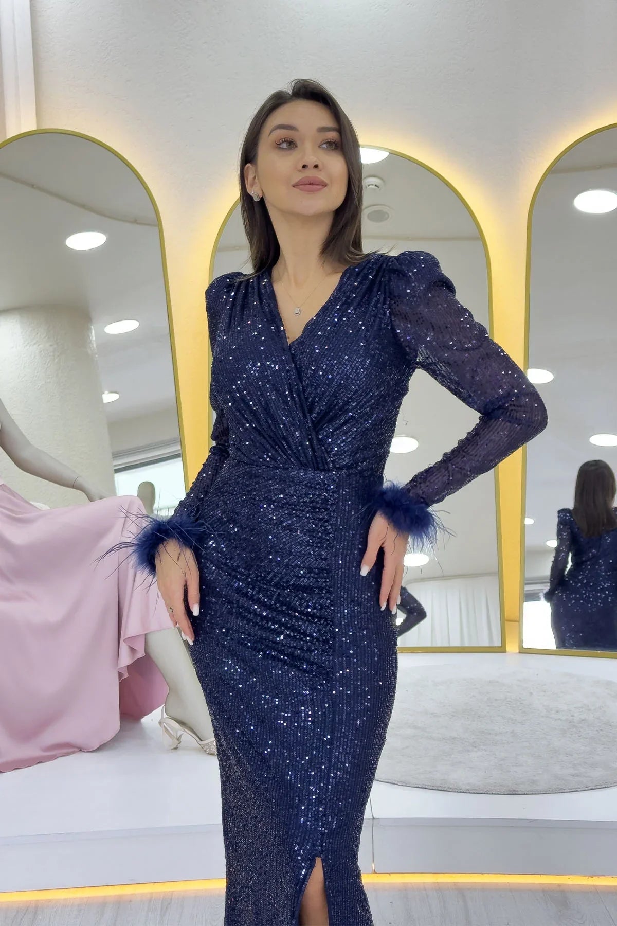 Navy Blue Sequin Feather Design Maxi Evening Dress