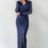 Navy Blue Sequin Feather Design Maxi Evening Dress