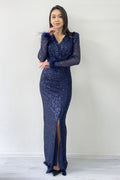 Navy Blue Sequin Feather Design Maxi Evening Dress