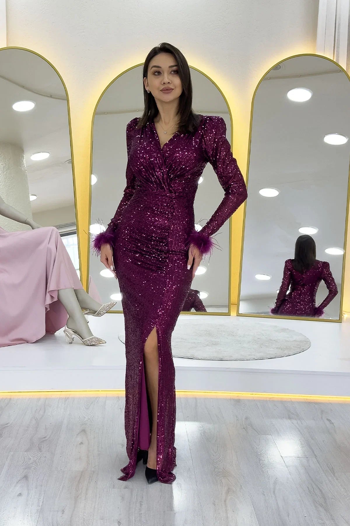 Purple Sequin Feather Design Maxi Evening Dress