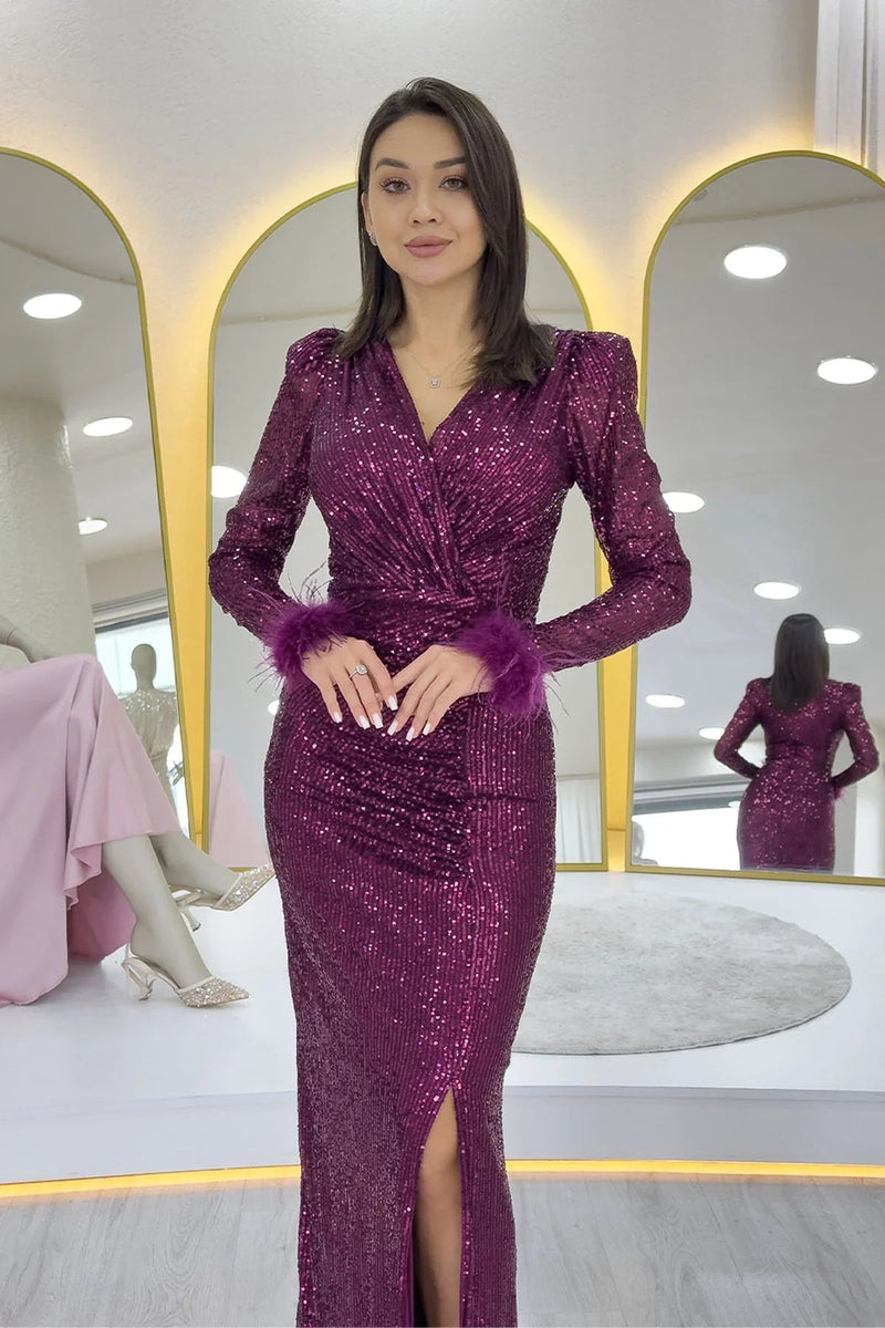 Purple Sequin Feather Design Maxi Evening Dress