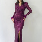 Purple Sequin Feather Design Maxi Evening Dress
