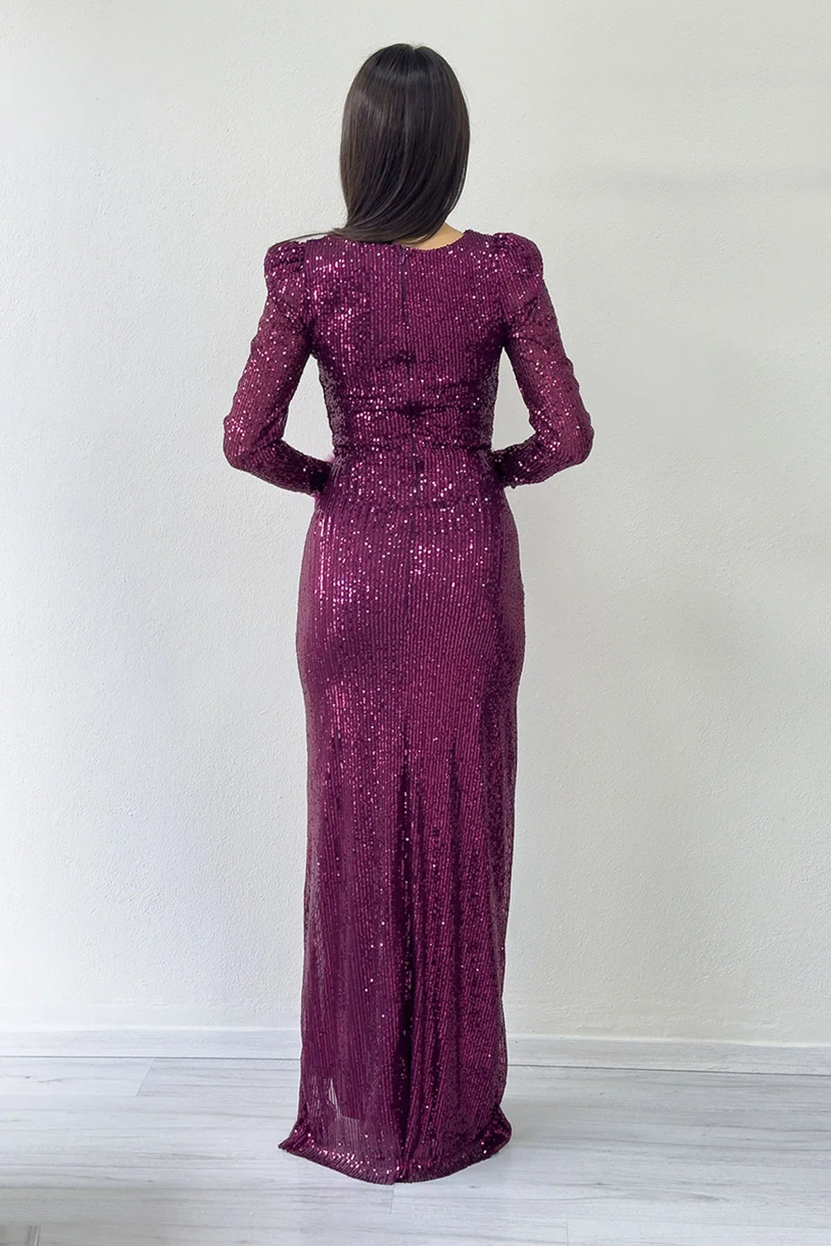 Purple Sequin Feather Design Maxi Evening Dress