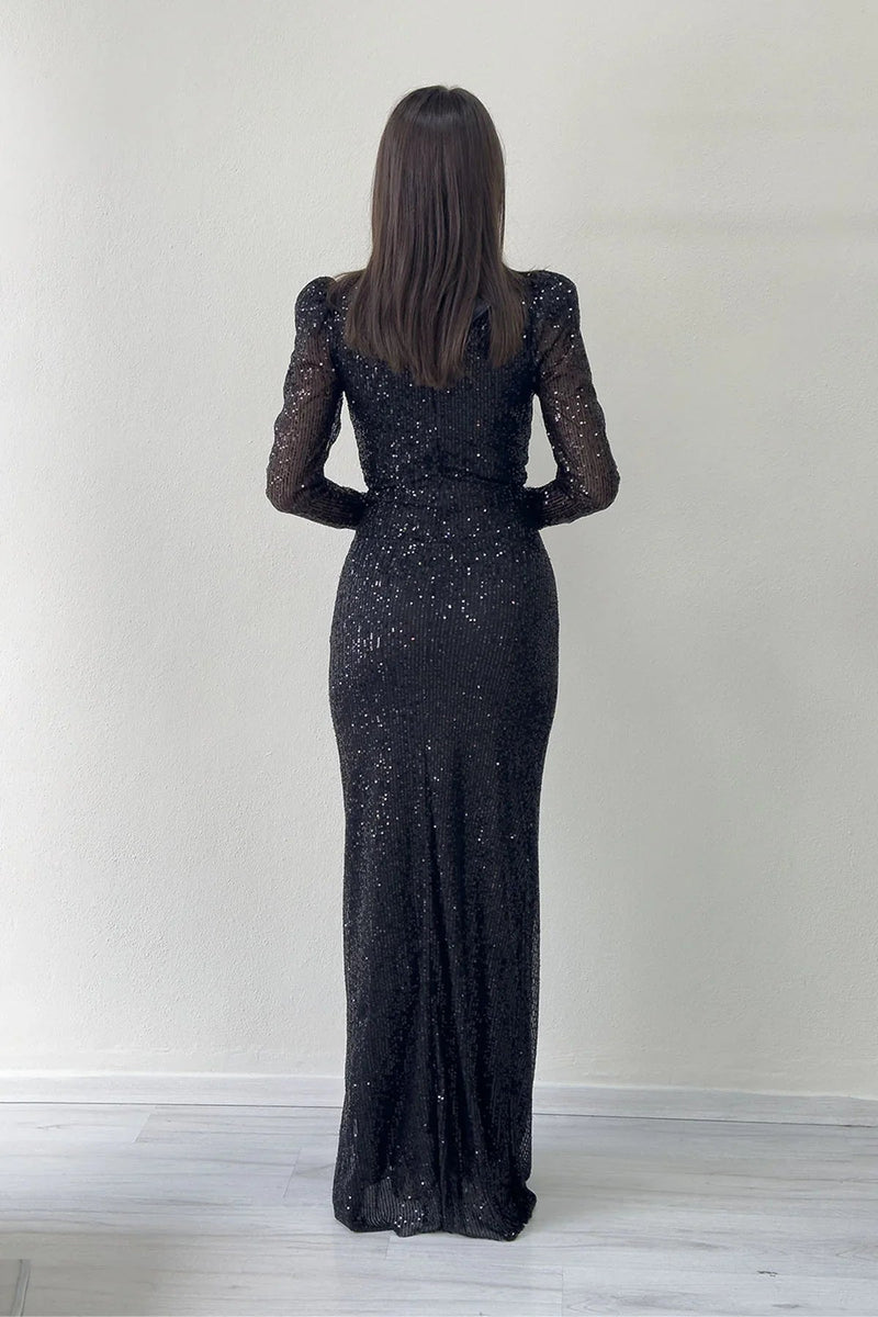 Black Sequin Feather Design Maxi Evening Dress
