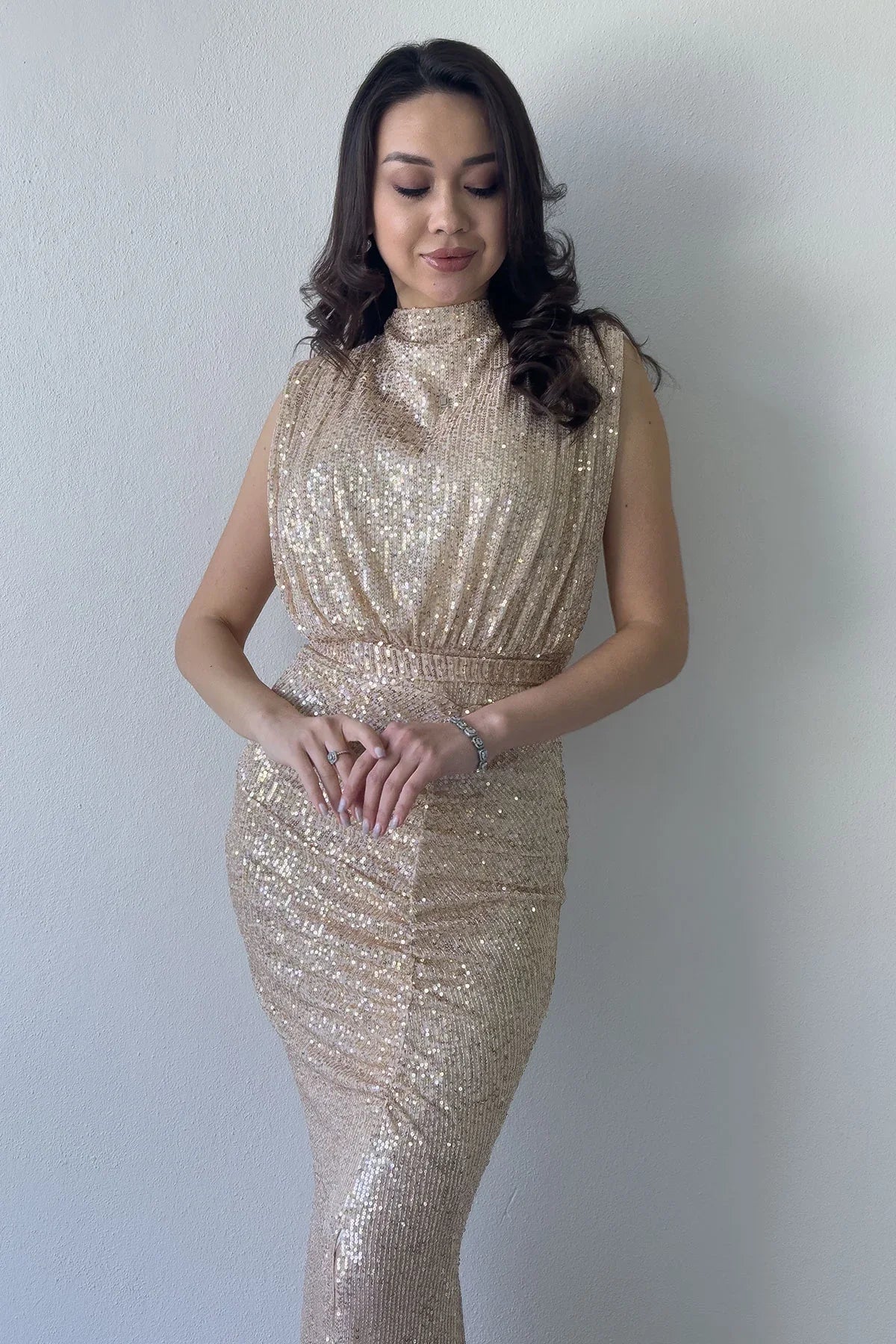 Women's Beige High Neck Kuşak Detail Slit Sequin Evening Gown