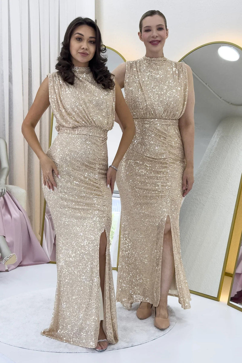 Women's Beige High Neck Kuşak Detail Slit Sequin Evening Gown