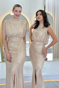 Beige High-Neck Sequin Evening Dress
