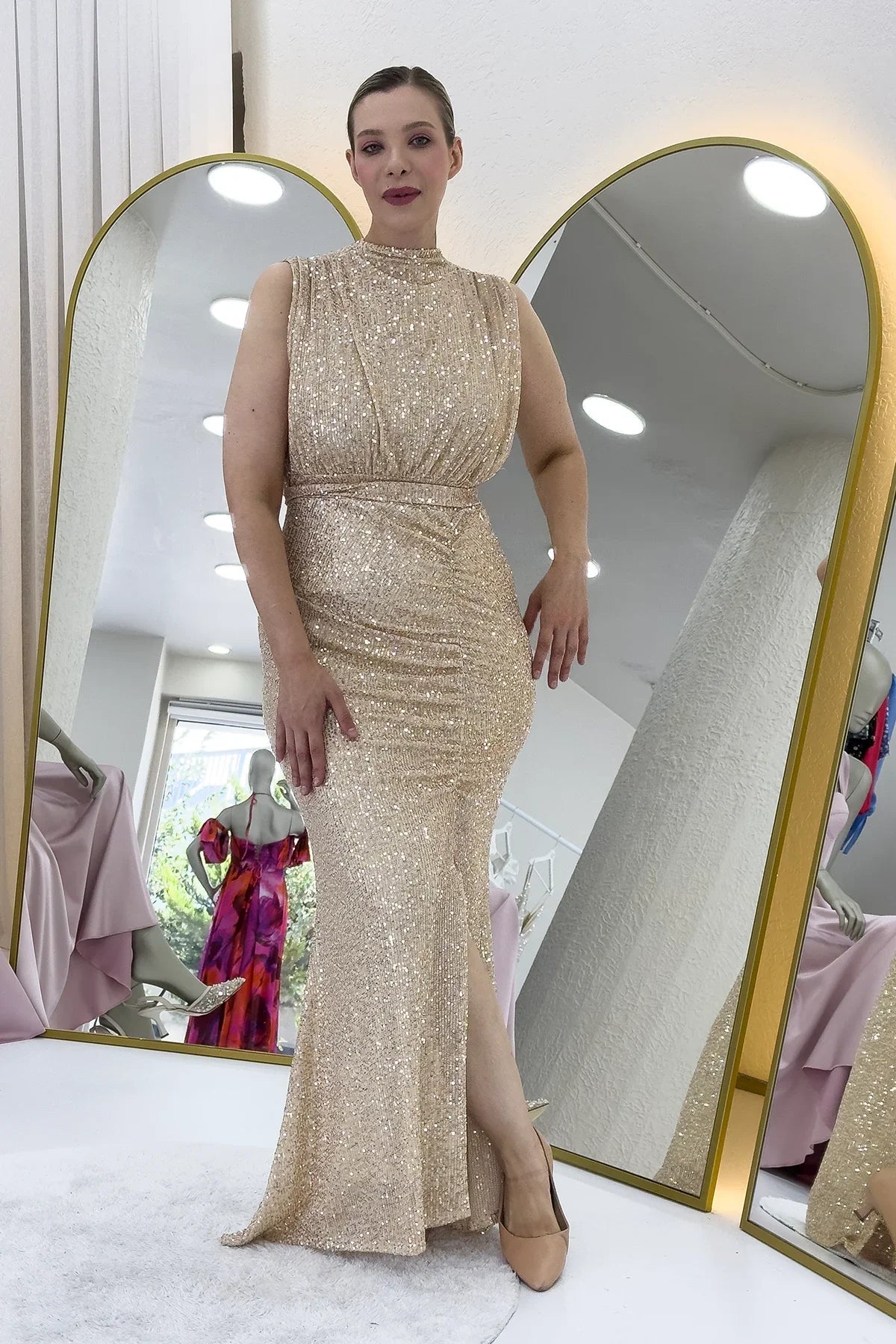 Women's Beige High Neck Kuşak Detail Slit Sequin Evening Gown