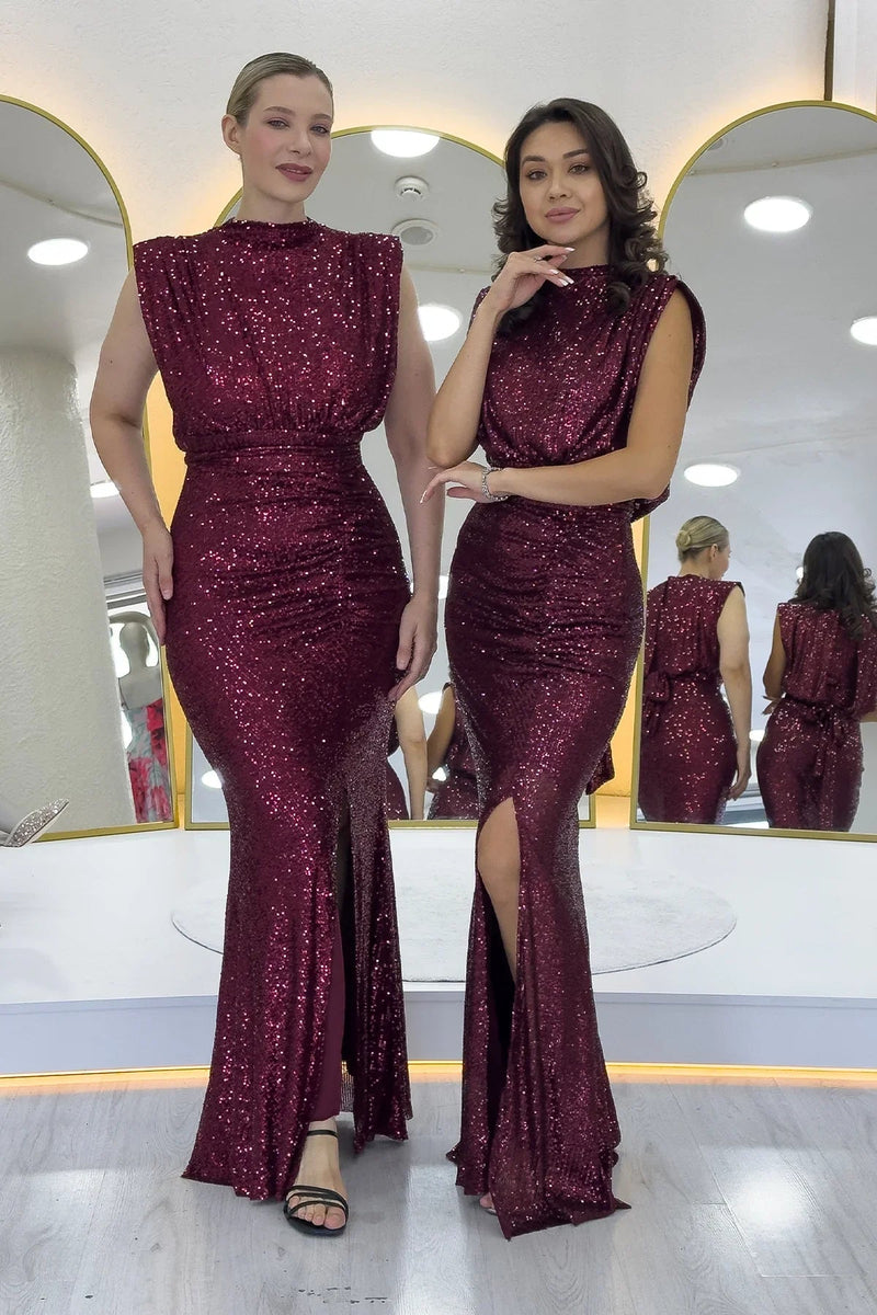 Women's Burgundy High Neck Kuşak Detail Slit Sequin Evening Gown