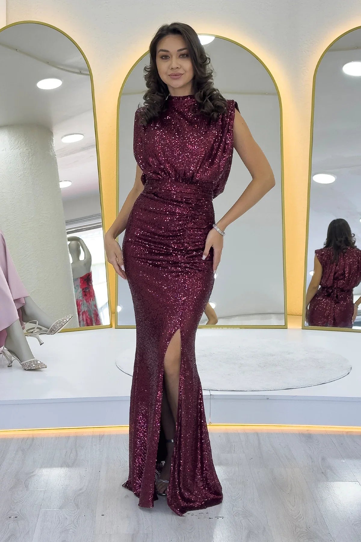Women's Burgundy High Neck Kuşak Detail Slit Sequin Evening Gown