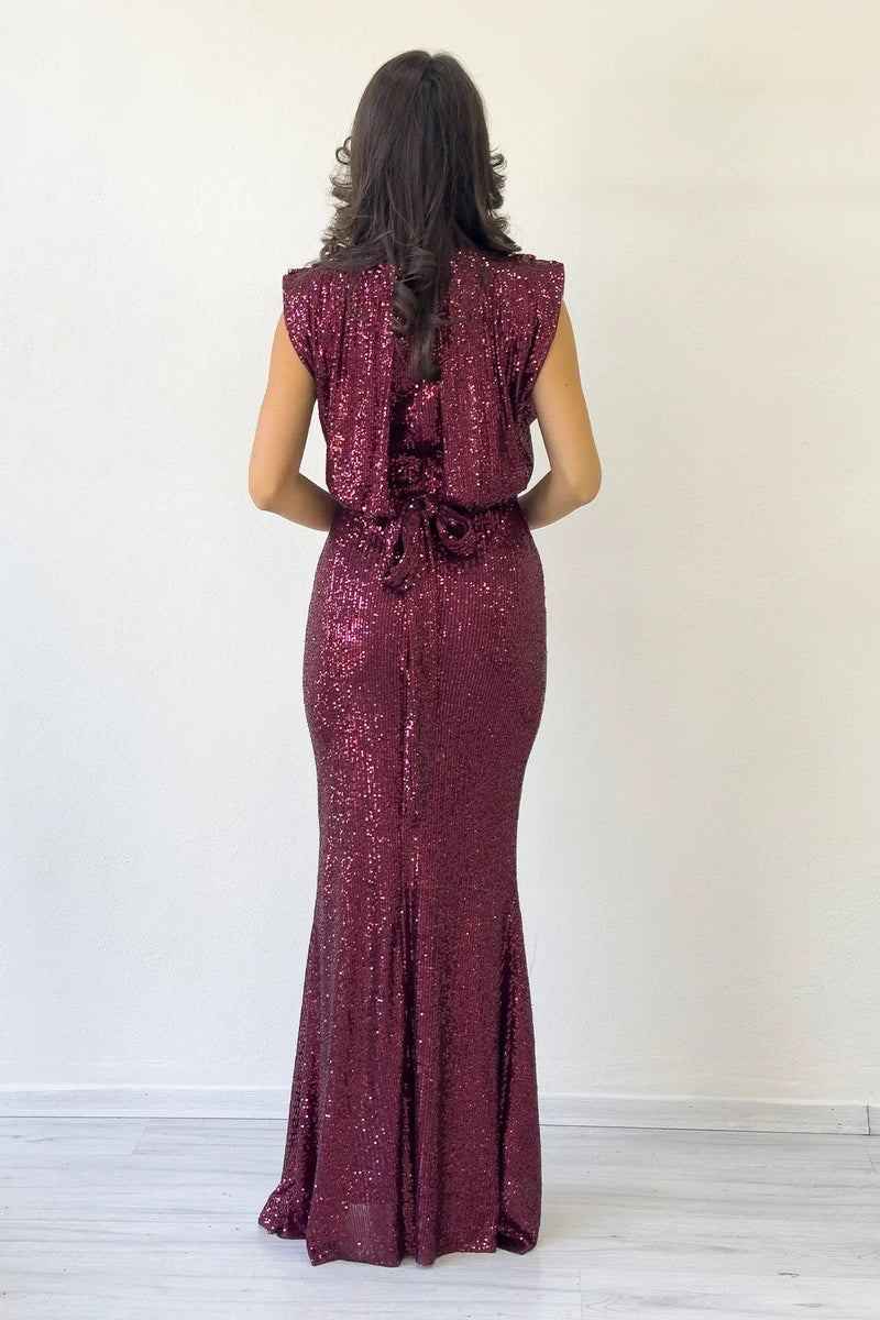 Women's Burgundy High Neck Kuşak Detail Slit Sequin Evening Gown