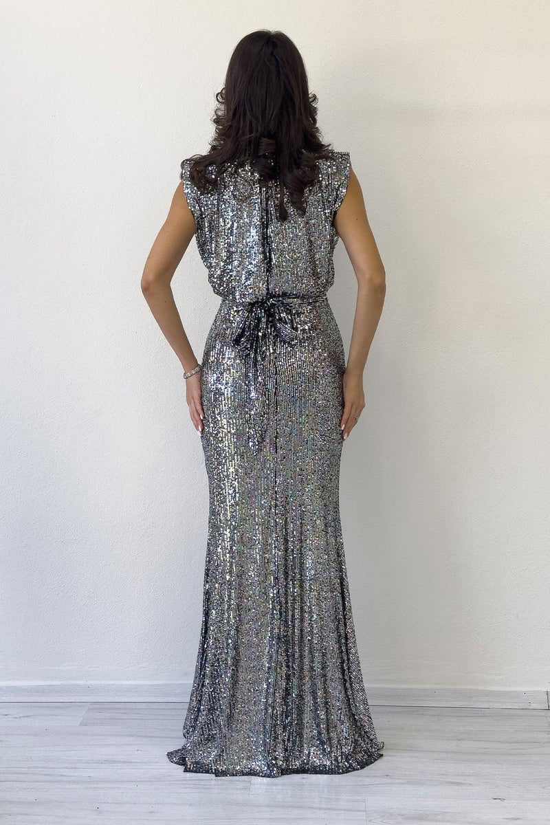 Women's Silver High Neck Kuşak Detail Slit Sequin Evening Gown