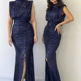 Navy Blue High-Neck Sequin Evening Dress